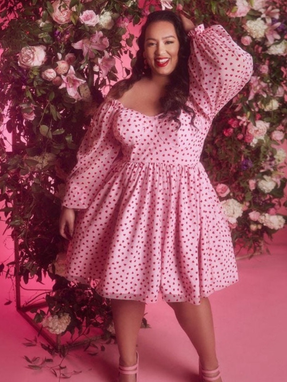 Eloquii Mesh Flocked Heart Print Bustier Mini Dress in Pink